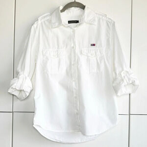 Napapijri Women’s White Button Down Safari Shirt Size Medium Pockets Collar